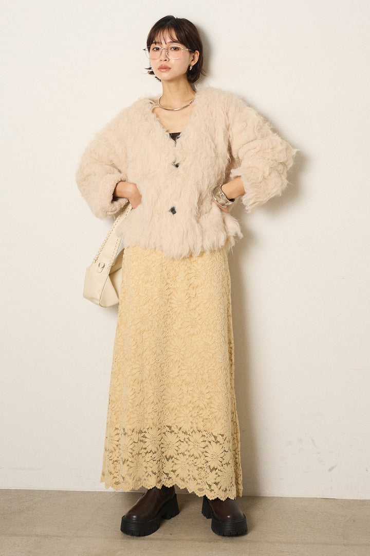 [SET]起毛シャギーニットカーディガン+花柄刺繍ベロアフレアスカート(2set)