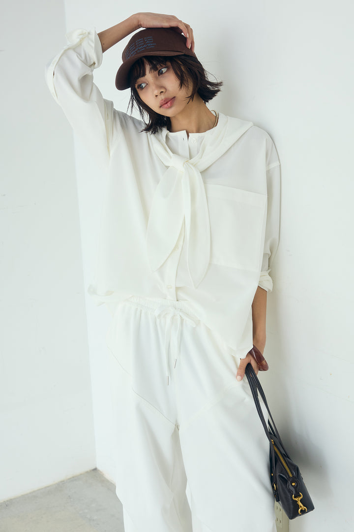 [SET]無地タイ付フーディーBIGシャツ+ランダムタックデザインワイドパンツ(2set)