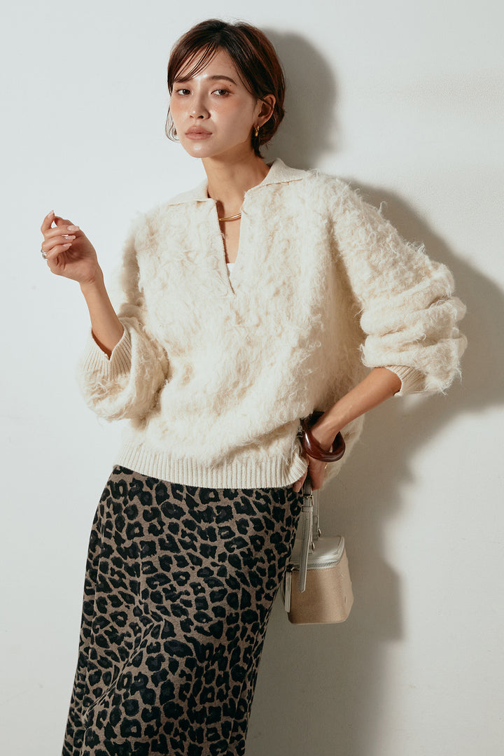 [SET]襟付きシャギーニットポロトップス+レオパードロングスカート(2set)