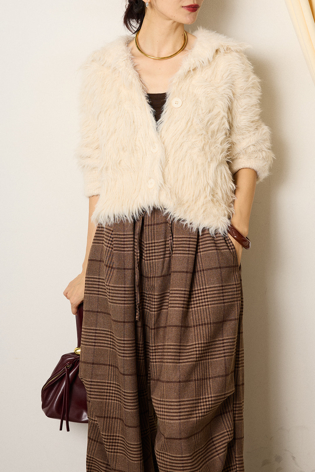 [SET]襟付きシャギーニットカーディガン+グレンチェックルーズタックパンツ(2set)