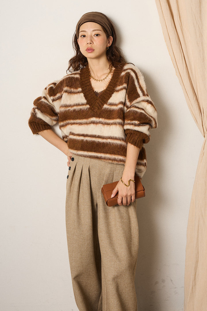 [SET]ルーズVネックボーダーニットトップス+サイドボタンツイードタックパンツ(2set)