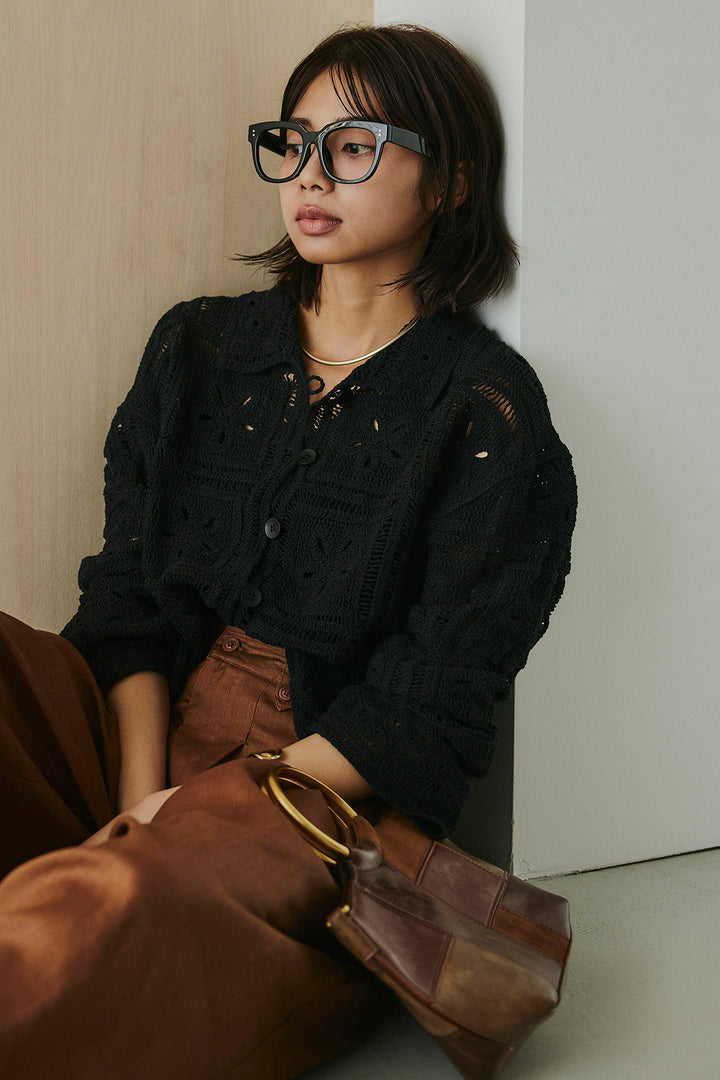 [SET]鍵編みフラワーレースカーディガン+タック入りワイドパンツ(2set)