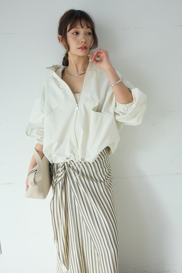 [SET]ネック裾絞りブルゾンアウター+マルチピンストライプ柄巻きスカート(2set)