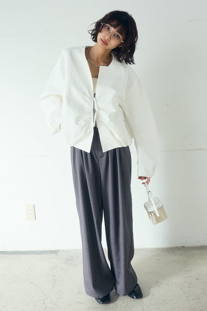 [SET]ノーカラーフロントギャザージップアウター+ツイルメニータックパンツ(2set)