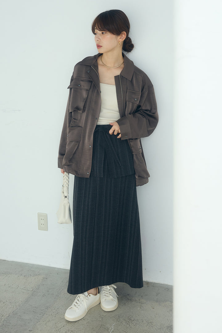 [SET]サテンライトブルゾン+ラップ巻きピンストライプワイドスカート(2set)