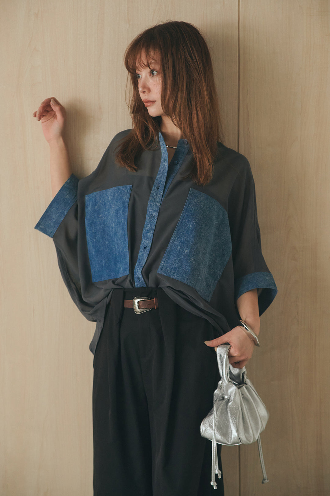 [SET]デニムライクビッグツーポケシアーシャツ+ベルトループデザインハイウエストタックパンツ(2set)