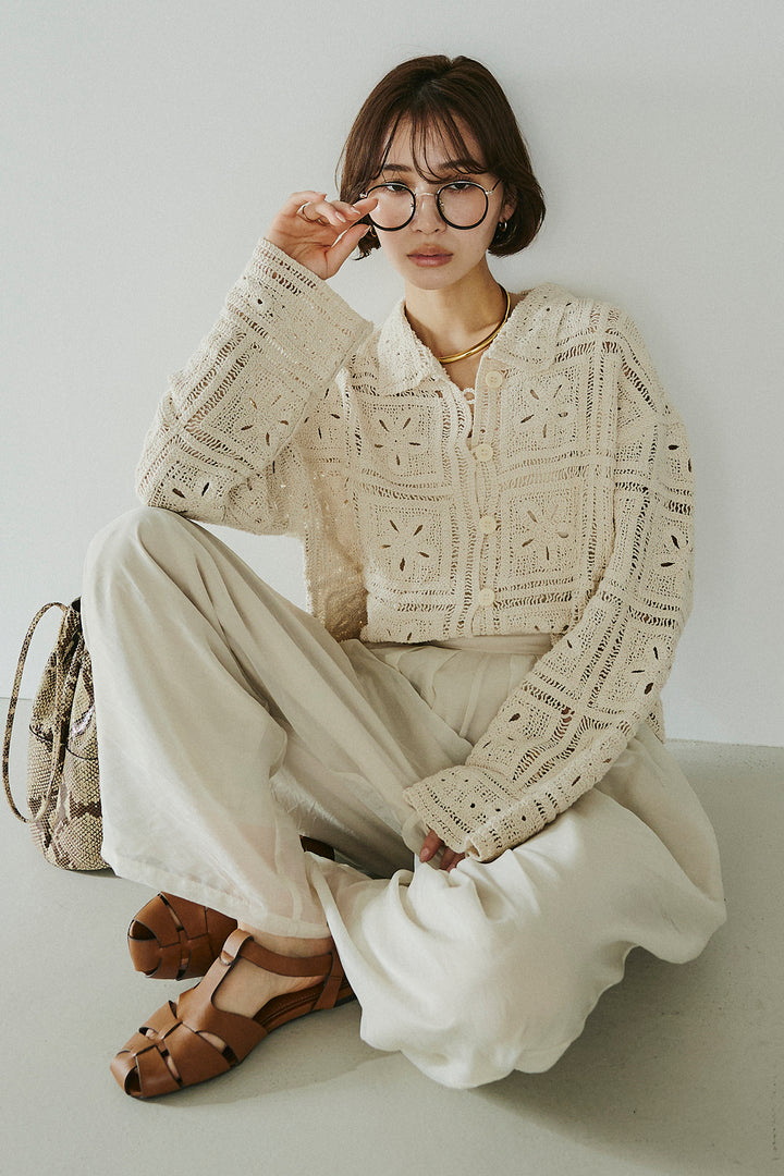 [SET]鍵編みフラワーレースカーディガン+オーガンジータックパンツ(2set)