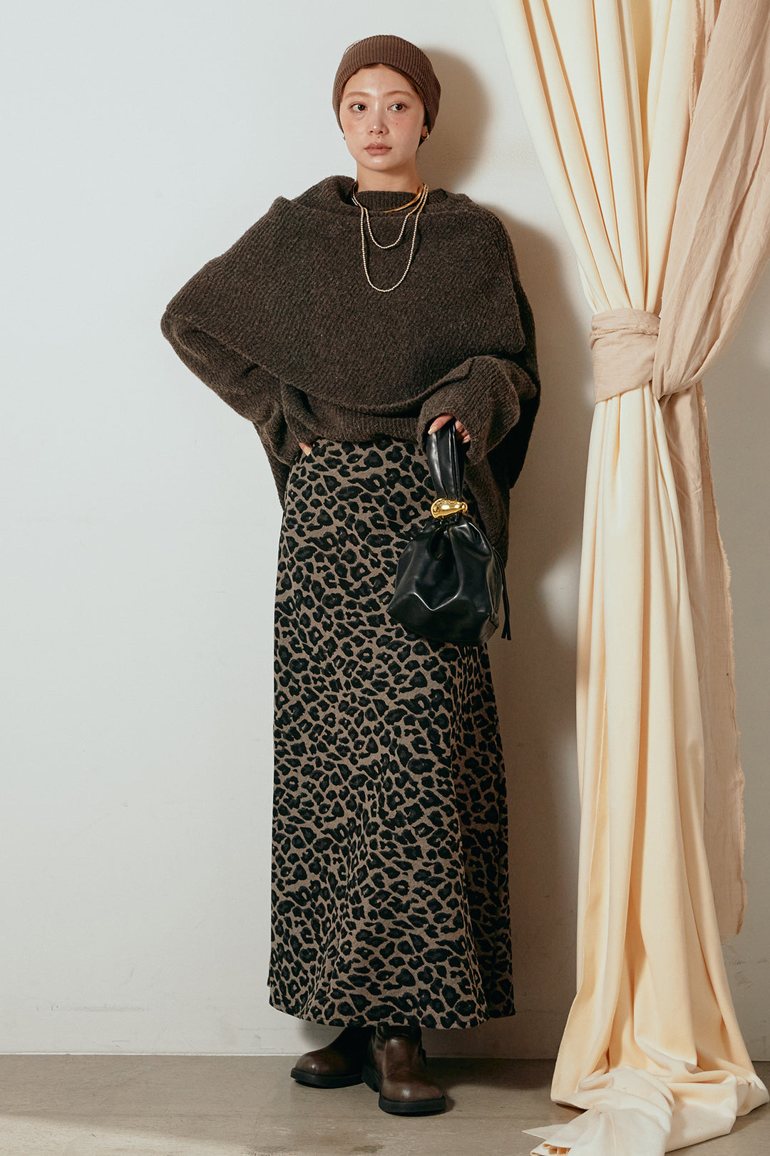[SET]ケープデザインリブニットトップス+レオパードロングスカート(2set)