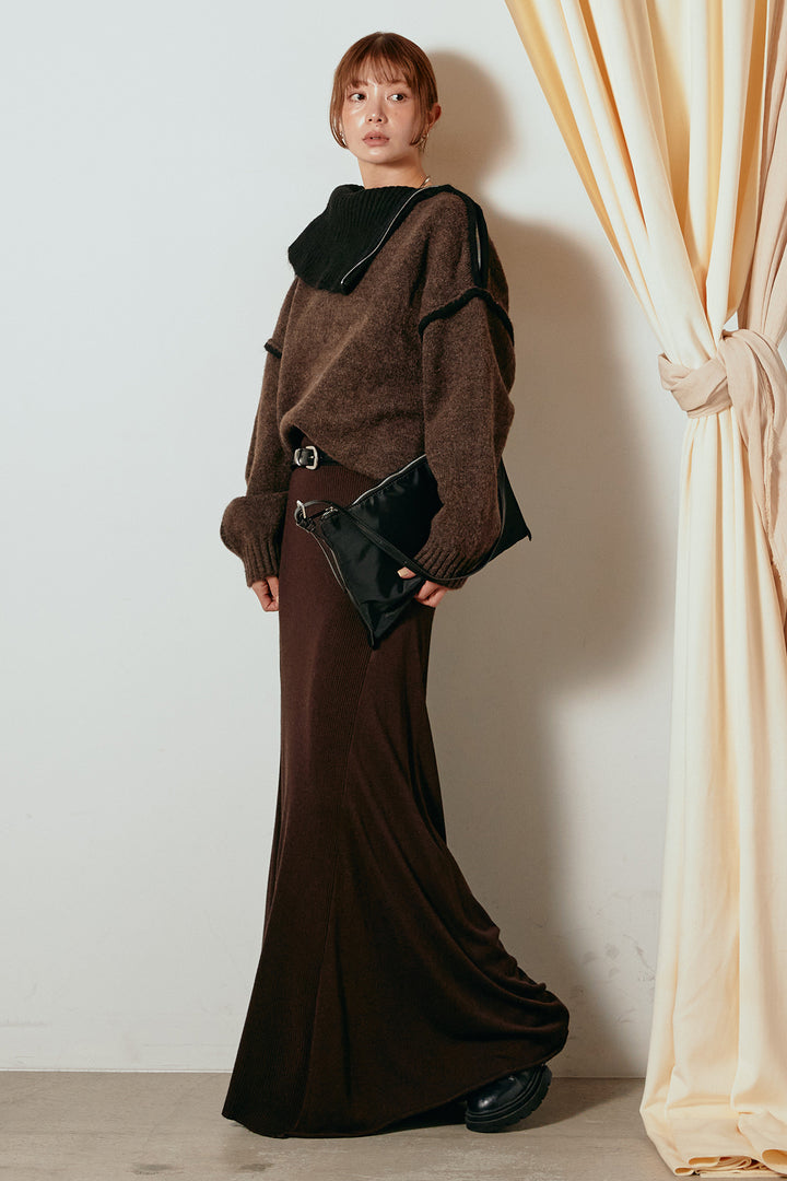 [SET]ハイネックジップデザインニットトップス+サイド切り替えリブニットロングスカート(2set)