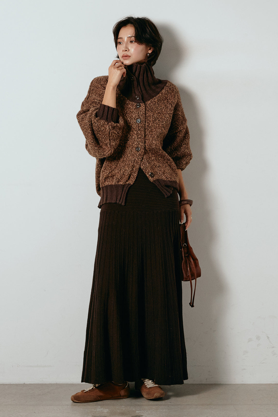 [SET]ハイネックミックスニットカーディガン+編み地切り替えフレアニットスカート(2set)