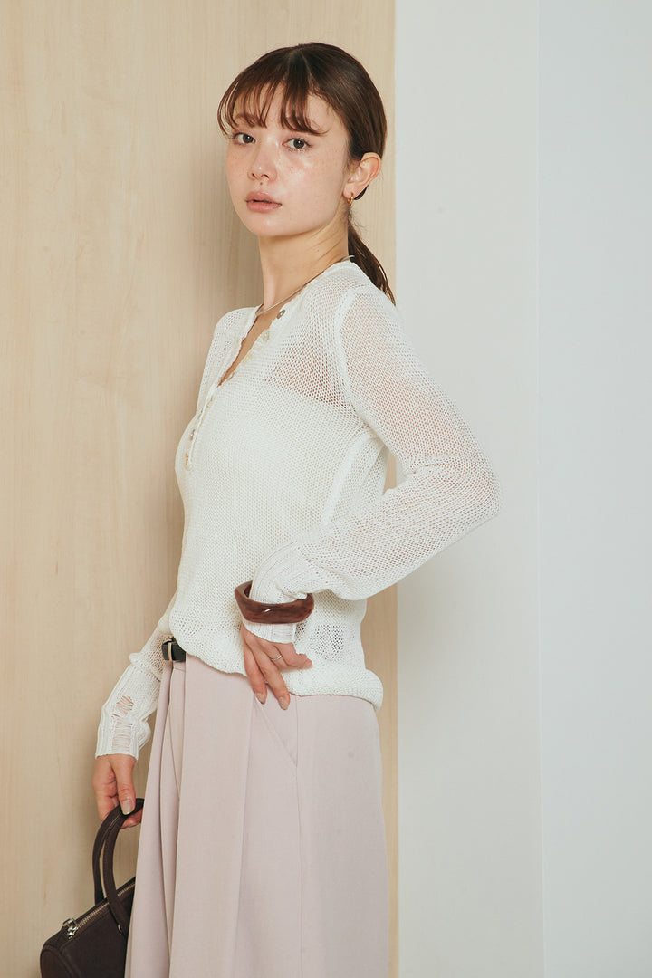 [SET]ヘンリーネックダメージニットプルオーバー+ビックベルトループタックベルト付きワイドパンツ(2set)