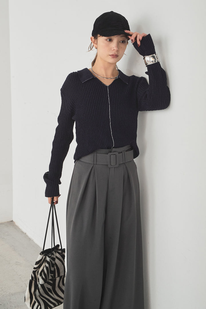 [SET]衿付きニットプルオーバー+ベルト付きツータックワイドパンツ(2set)
