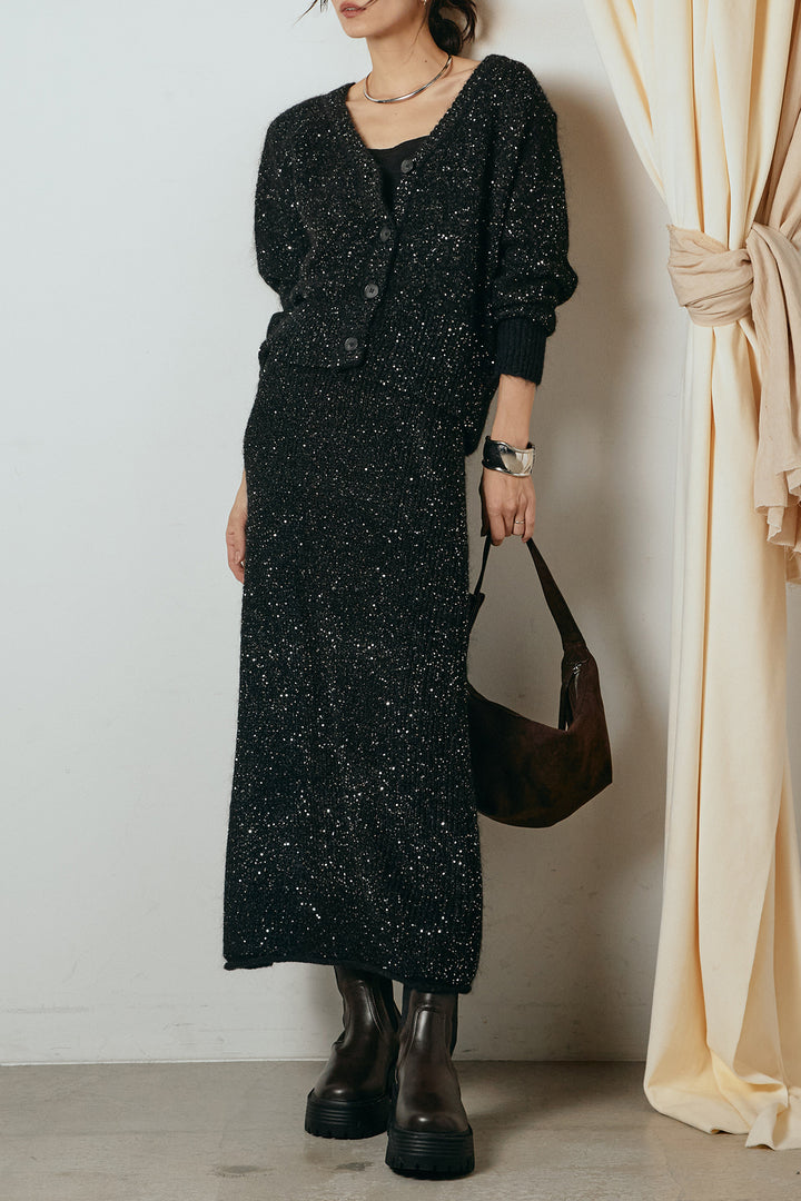 [SET]ミニラメニットカーディガン+ミニラメニットスカート(2set)