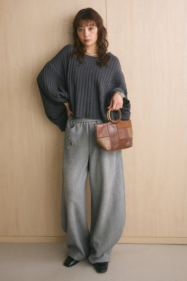 [SET]ポンチョシルエットリブニットトップス+ナポレオンディテールカーブパンツ(2set)