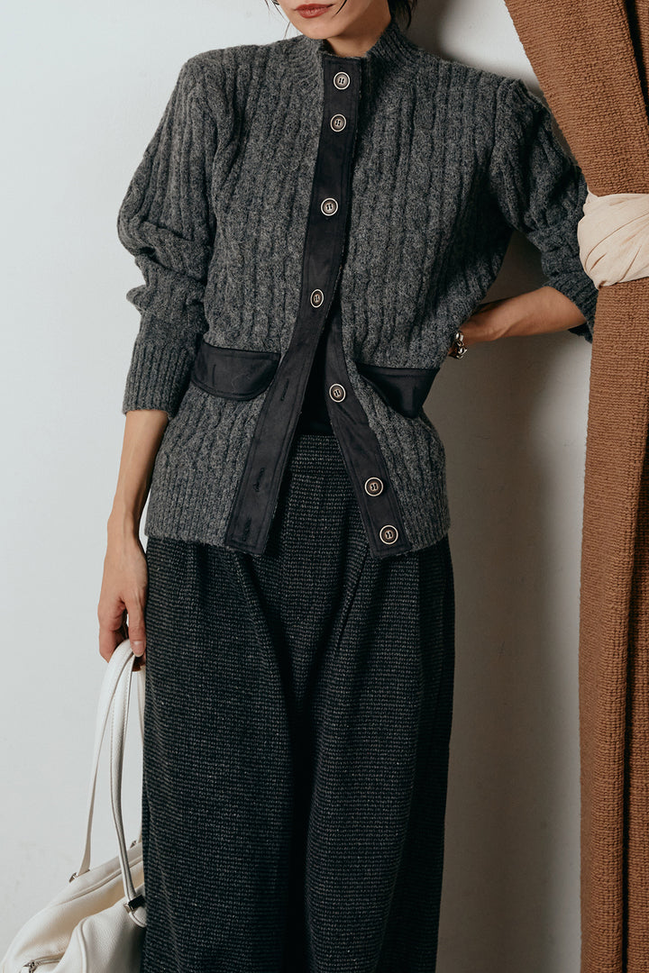 [SET]ボトルネックケーブルニットカーディガン+起毛タック入りツイードワイドパンツ(2set)