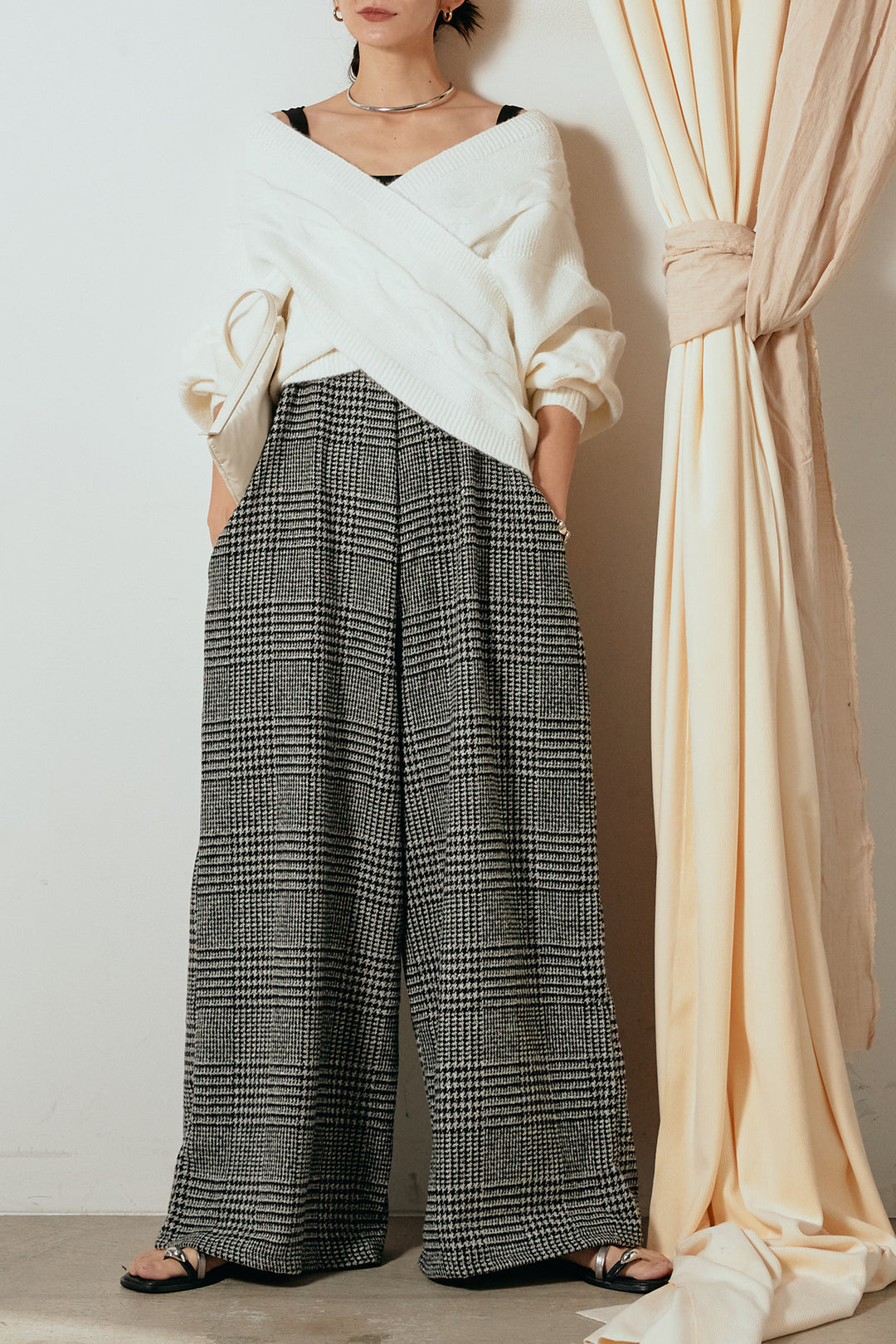 [SET]ケーブルカシュクールニットトップス+前後2wayグレンチェック柄スカーチョサロペット(2set)