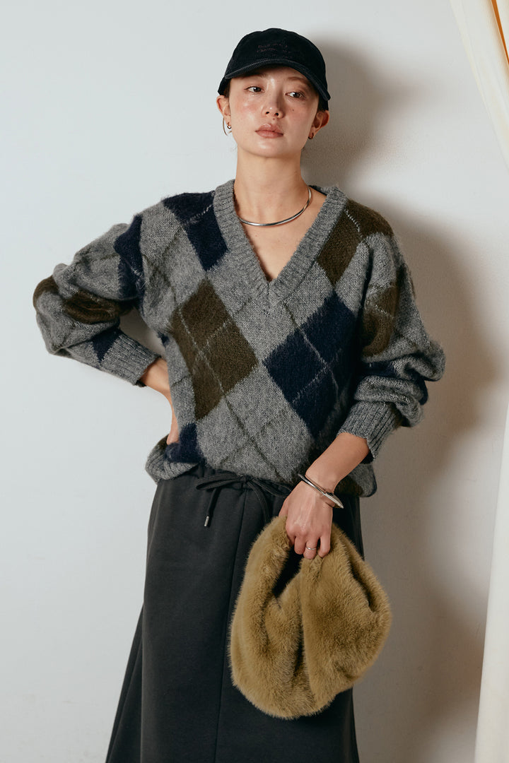 [SET]アクリルモヘアアーガイルVネックプルオーバー+裏起毛スウェットロングマキシスカート(2set)