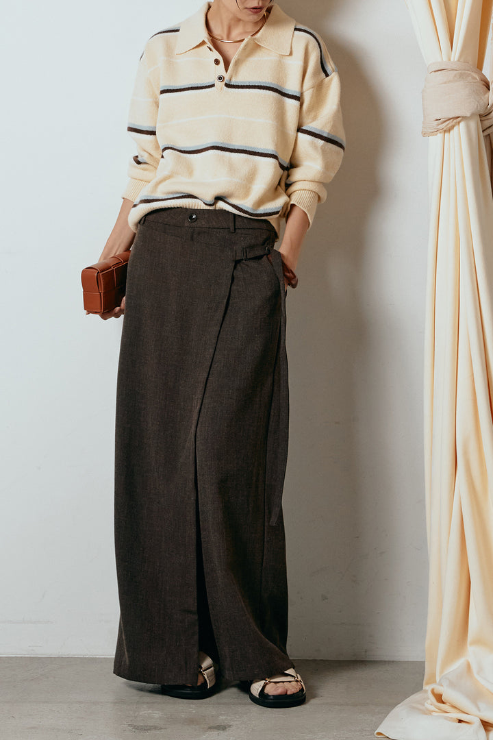 [SET]襟付きマルチボーダーニットポロトップス+ラップ巻きワイドスラックス(2set)