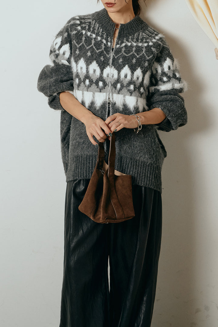 [SET]起毛ダブルジップパターンニットカーディガン+ベルト付きレザーライクタックパンツ(2set)