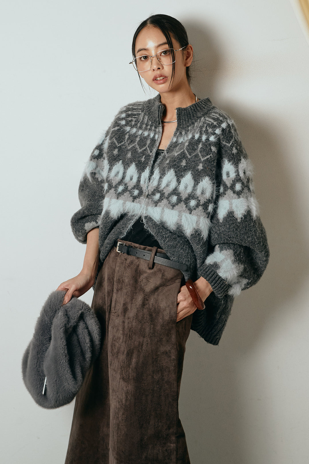 [SET]起毛ダブルジップパターンニットカーディガン+エコスウェードワイドスカート(2set)