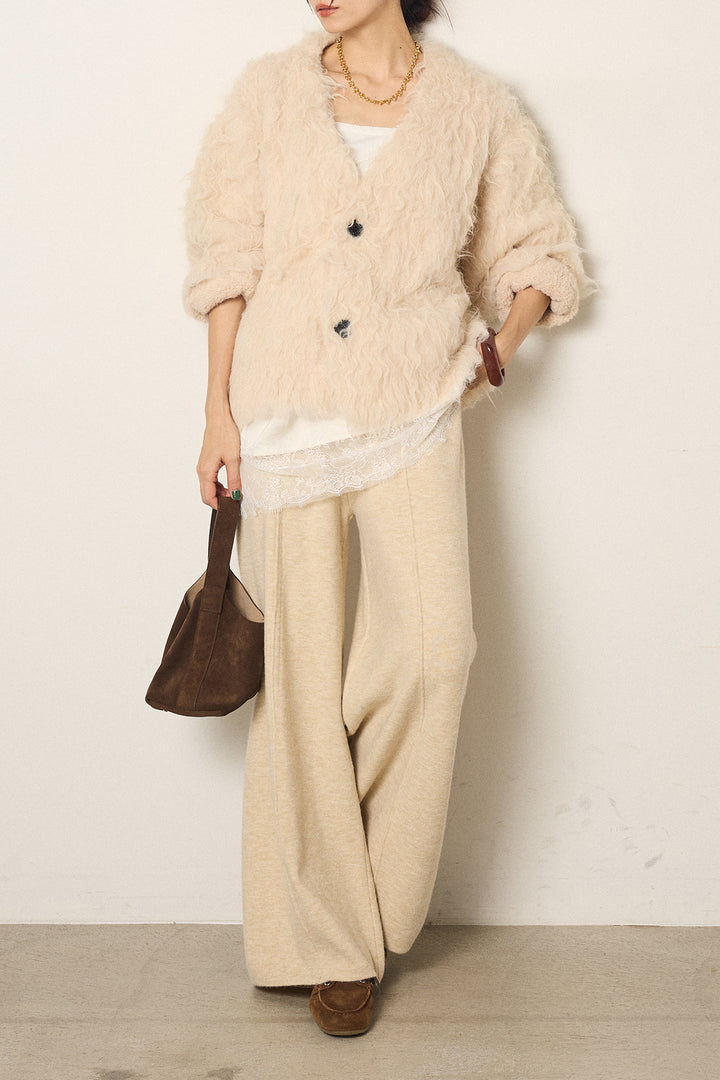 [SET]起毛シャギーニットカーディガン+センターラインニットパンツ+レース切り替えキャミソール(3set)