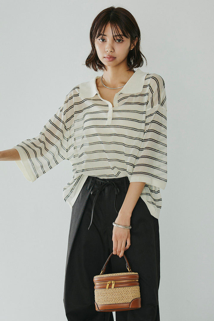 [SET]ボーダーニットポロシャツ+ニーサイドタックウエストドロスパンツ(2set)