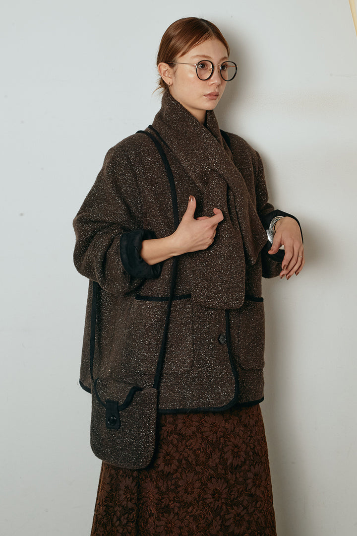 [SET]ノーカラーマフラーバッグ付きアウター+花柄刺繍ベロアフレアスカート(2set)