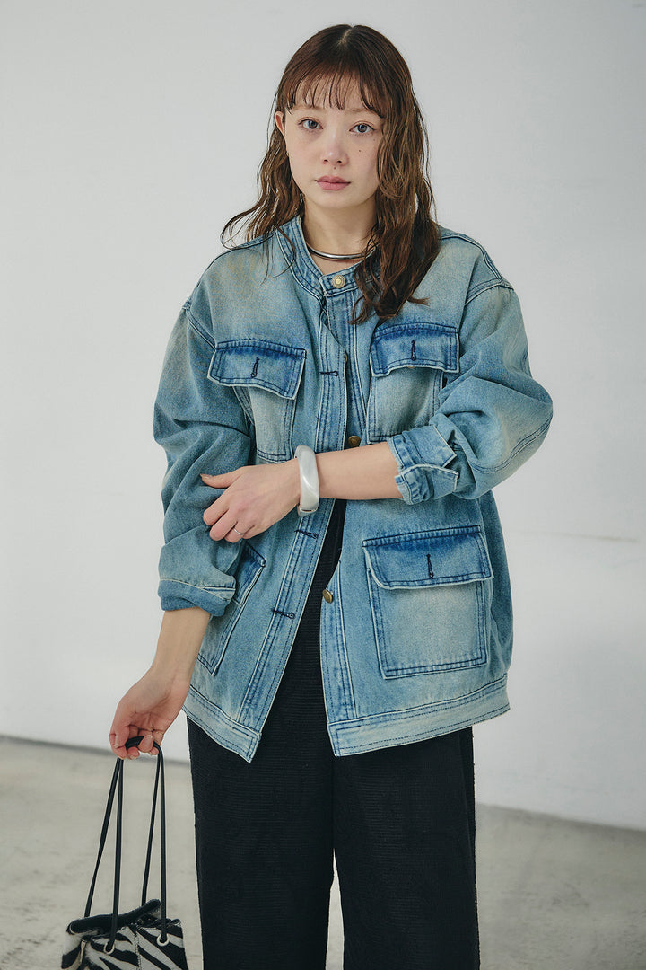 [SET]ノーカラーデニムポケットジャケット+レースサロペット(2set)