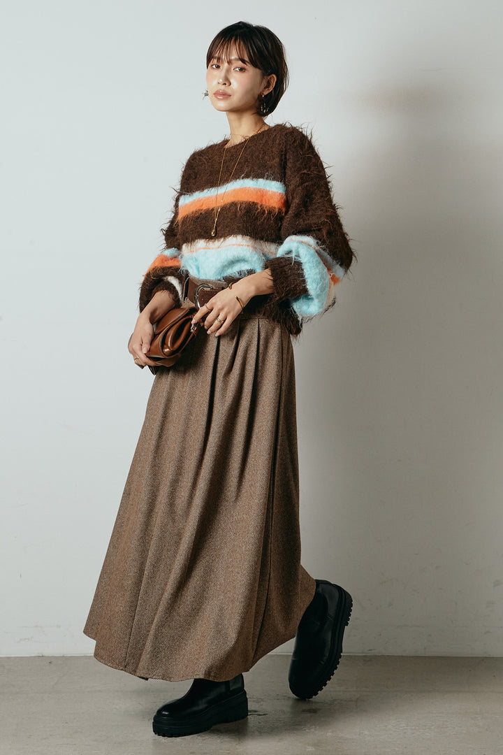 [SET]起毛配色マルチボーダーニットトップス+太ベルト付きヘリンボーンプリーツスカート(2set)