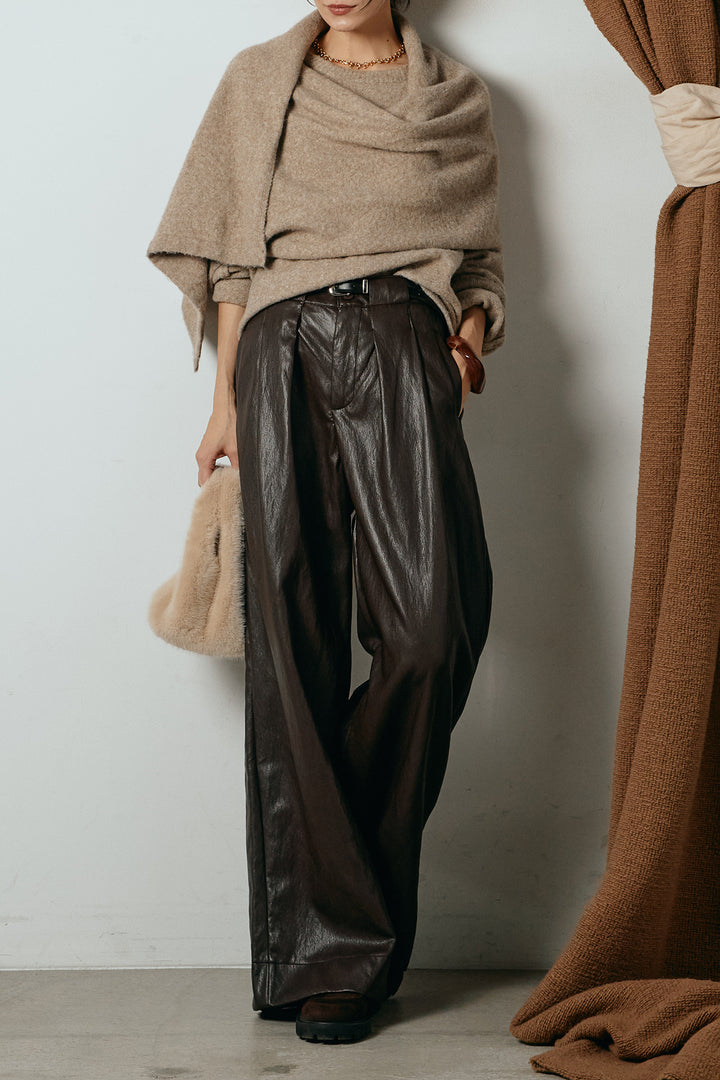[SET]ネック巻きデザインニットトップス+ベルト付きレザーライクタックパンツ(2set)