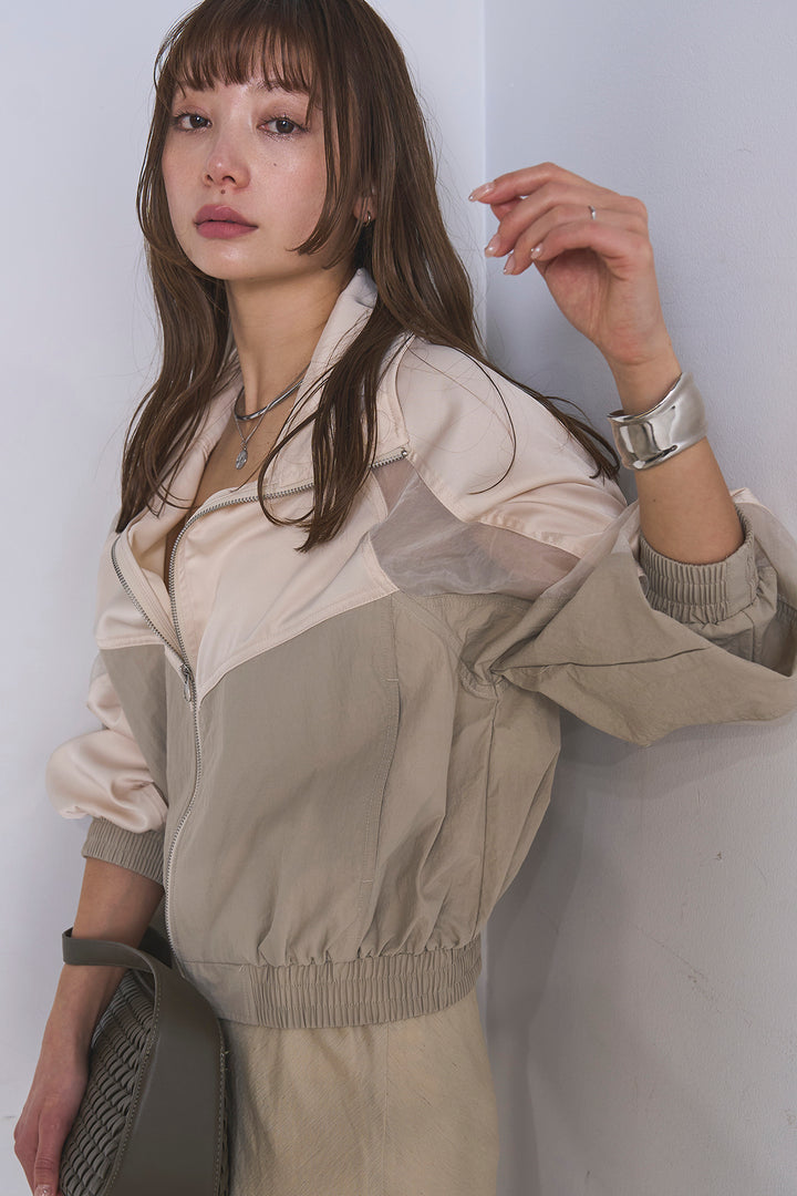 [SET]異素材切替ZIPブルゾン+リネンブレンドロングナロースカート(2set)