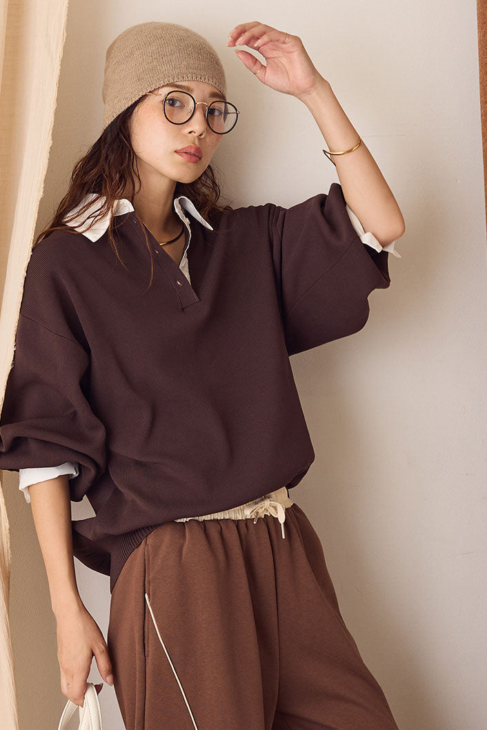 【即納】襟付きポロトップス/ブラウン