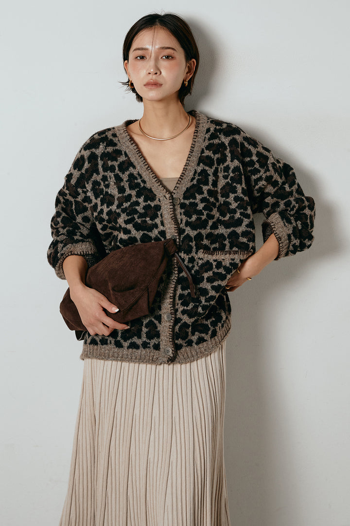 [SET]ステッチデザインレオパードニットカーディガン+リブニットフレアスカート(2set)
