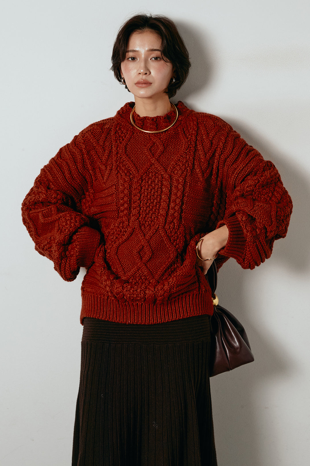 [SET]アラン柄ミックスケーブルニット+編み地切り替えフレアニットスカート(2set)