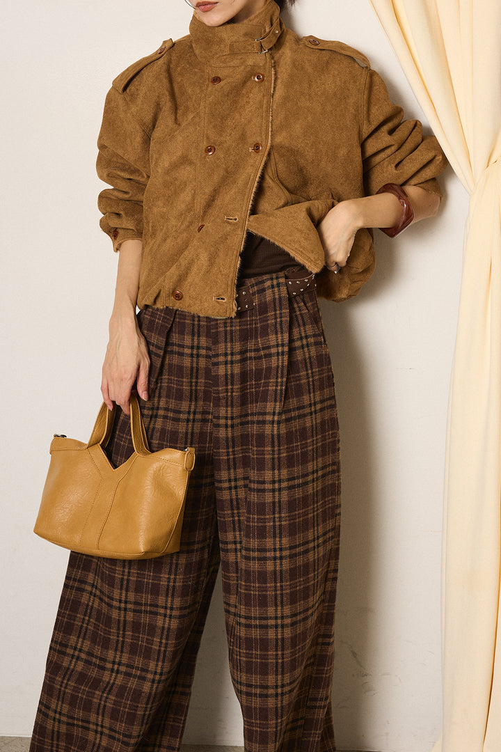[SET]スタンド襟スウェードライクアウター+スタッズデザインベルトタータンチェックパンツ(2set)