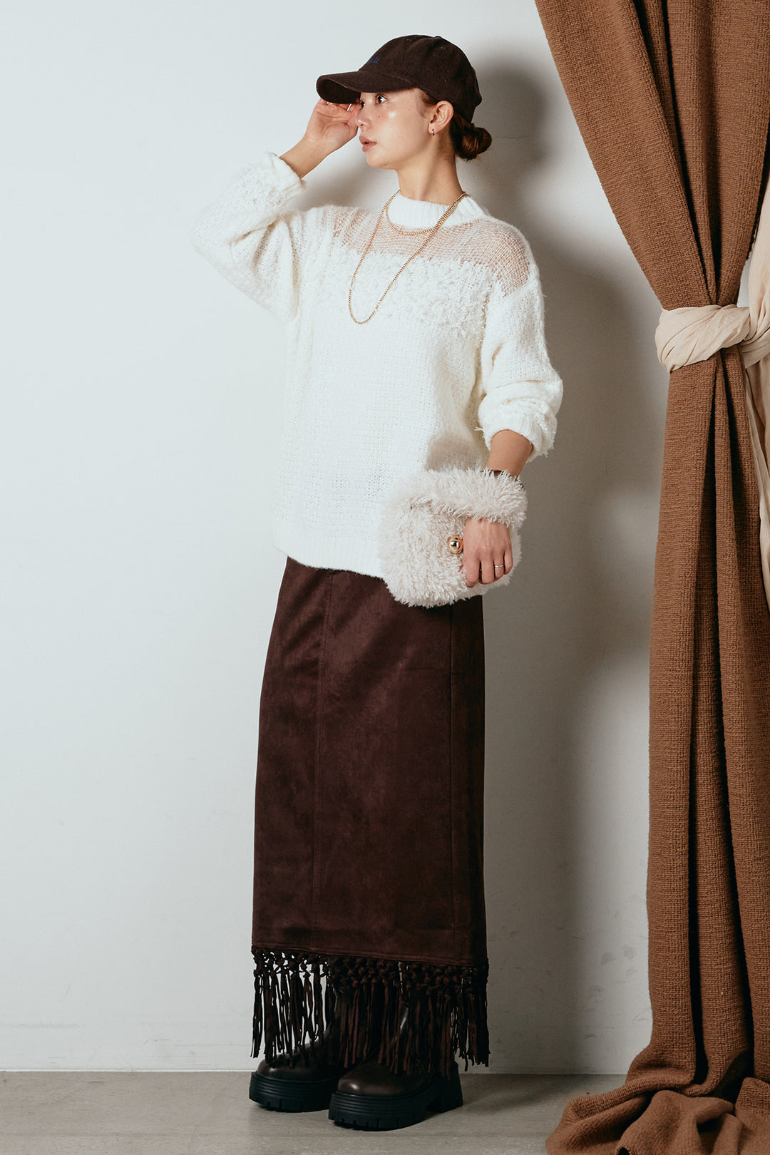 [SET]パターンランダム編みニットトップス+スウェードライク裾フリンジスカート(2set)