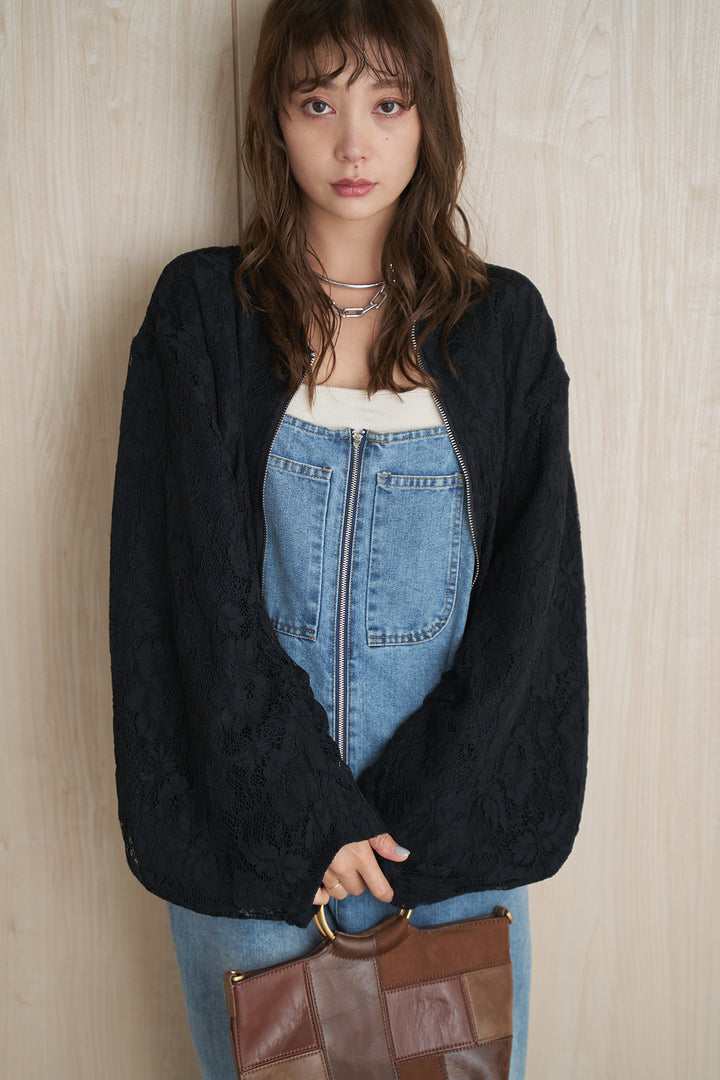 [SET]レース刺繍ジップブルゾン+フロントジップストラップデザインデニムサロペット(2set)