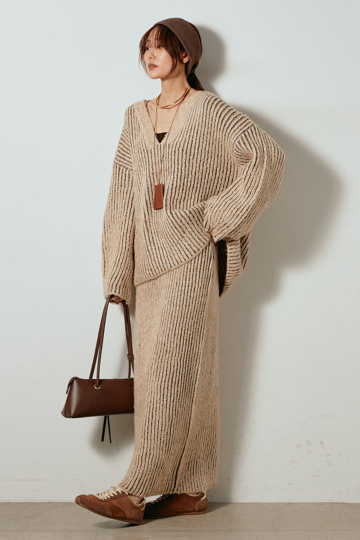 [SET]アルパカタッチ深Vニットトップス+アルパカタッチニットタイトスカート(2set)