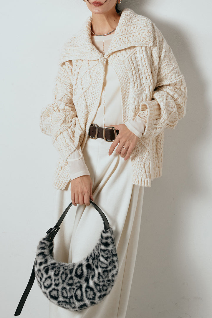 [SET]ビッグカラーケーブル編みニットトップス+2WAY袖コード刺繍クルーネックプルオーバー+フェイクレザー太ベルト付きタックワイドパンツ(3set)