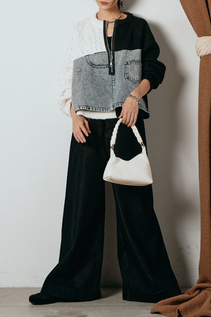 [SET]ハーフジップニットデニムドッキングトップス+ウエストダブルボタンワイドデニムパンツ(2set)