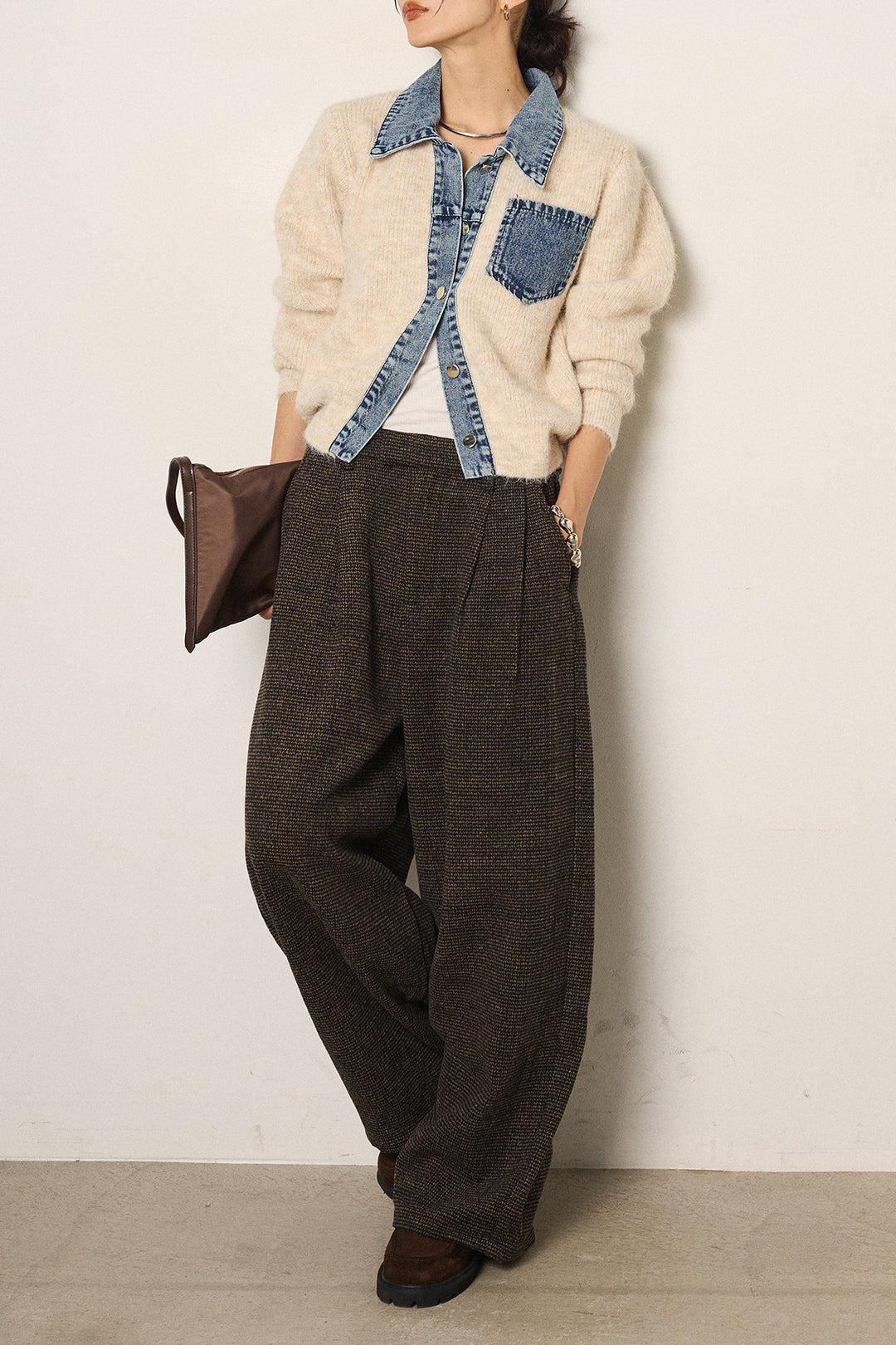 [SET]襟付きデニム切替ニットカーディガン+起毛タック入りツイードワイドパンツ(2set)