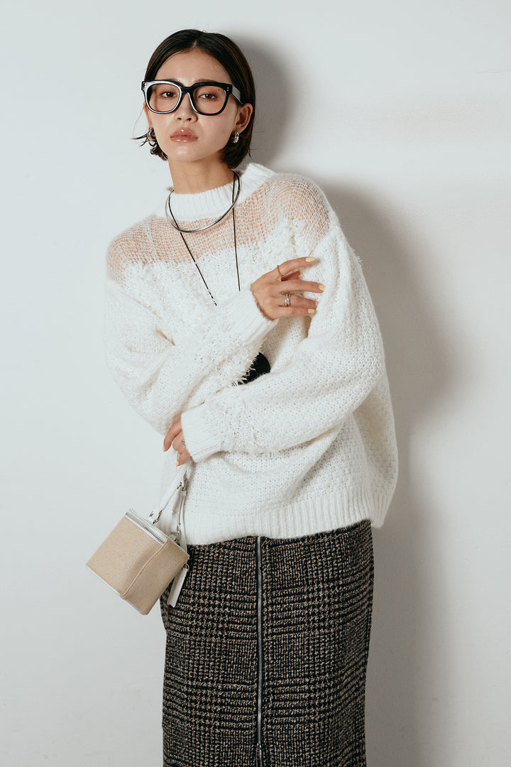 [SET]パターンランダム編みニットトップス+グレンチェック柄フロントジップタイトスカート(2set)