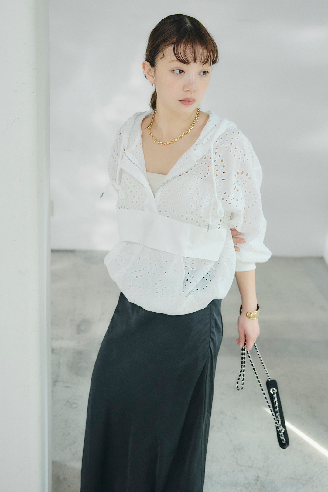 [SET]レースハーフジップアップフーディー+バイアスナローサテンスカート(2set)