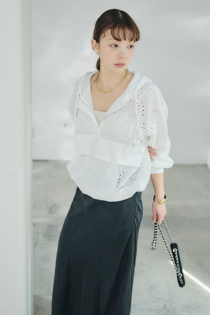 [SET]レースハーフジップアップフーディー+バイアスナローサテンスカート(2set)