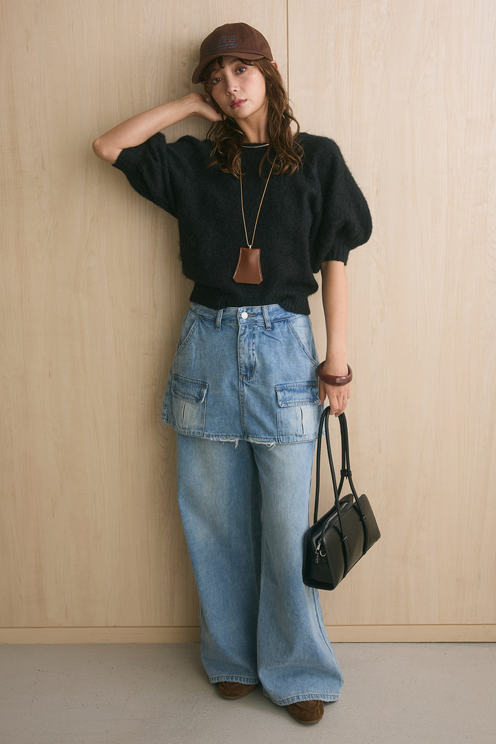 [SET]モヘアニット5分袖プルオーバー+レイヤードスカートデニムワイドパンツ(2set)