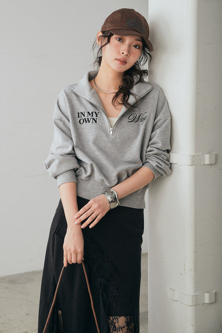 [SET]裏毛ロゴ刺繍ハーフZIPスウェット+刺繍レースデザインサテンスカート(2set)