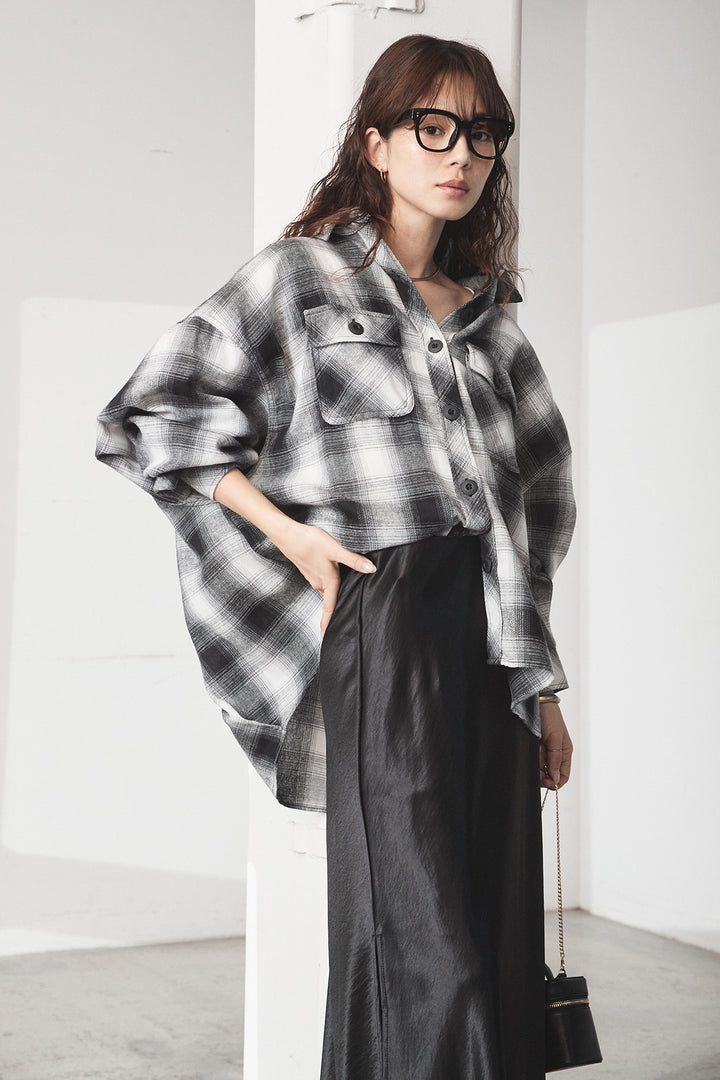 [SET]オンブレーチェックビッグシルエットCPOシャツ+裾レースデザインサテンスカート(2set)