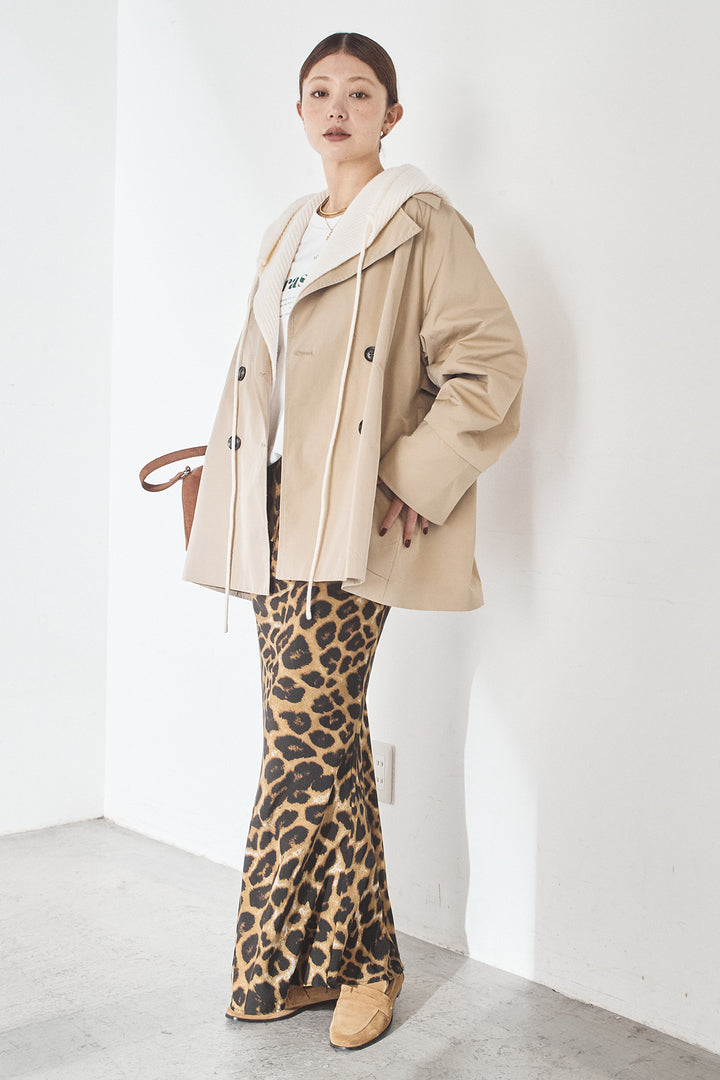 [SET]ナイロントレンチコート+レオパードサテンナロースカート(2set)