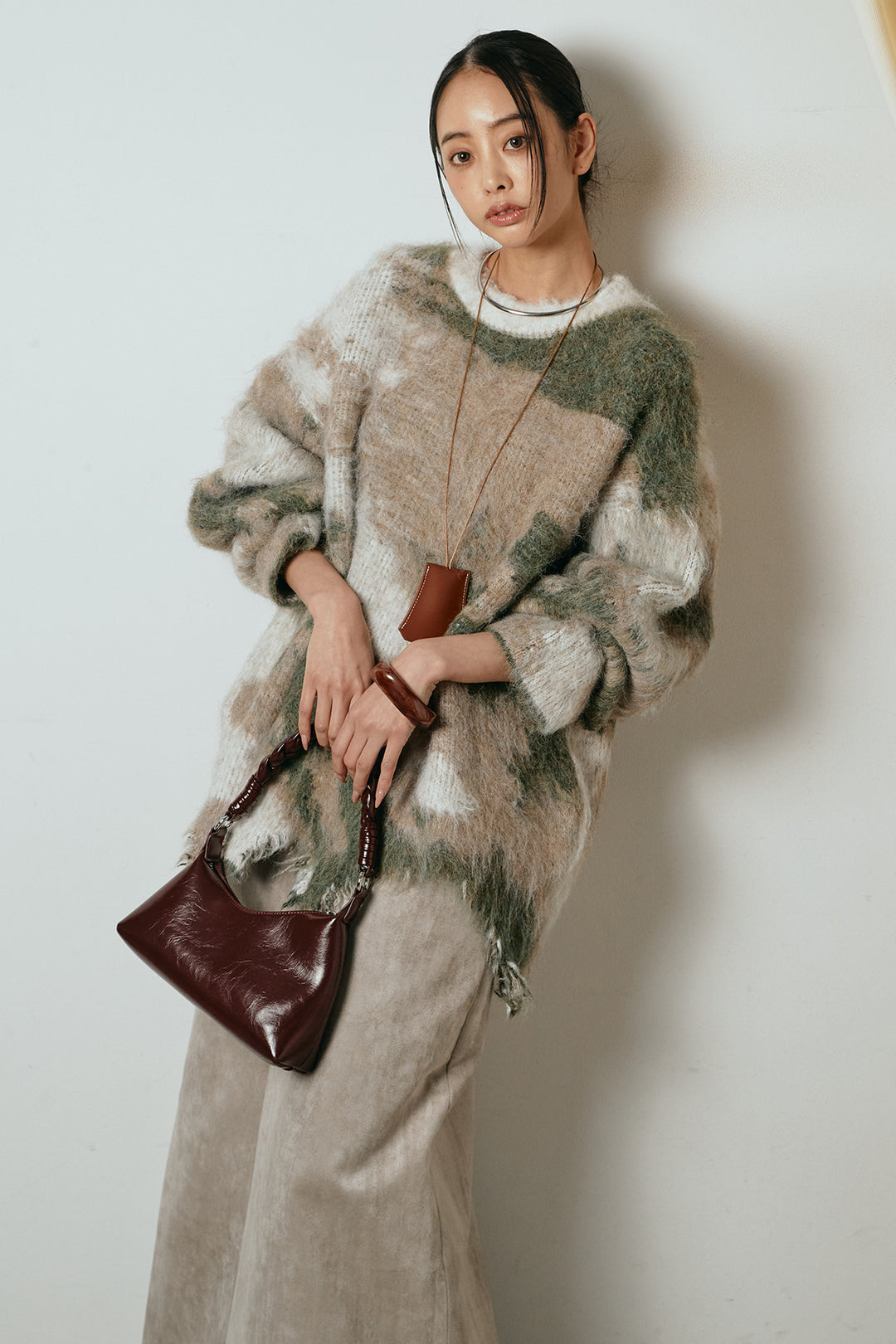 [SET]起毛裾デザインニュアンス柄ニットトップス+エコスウェードワイドスカート(2set)