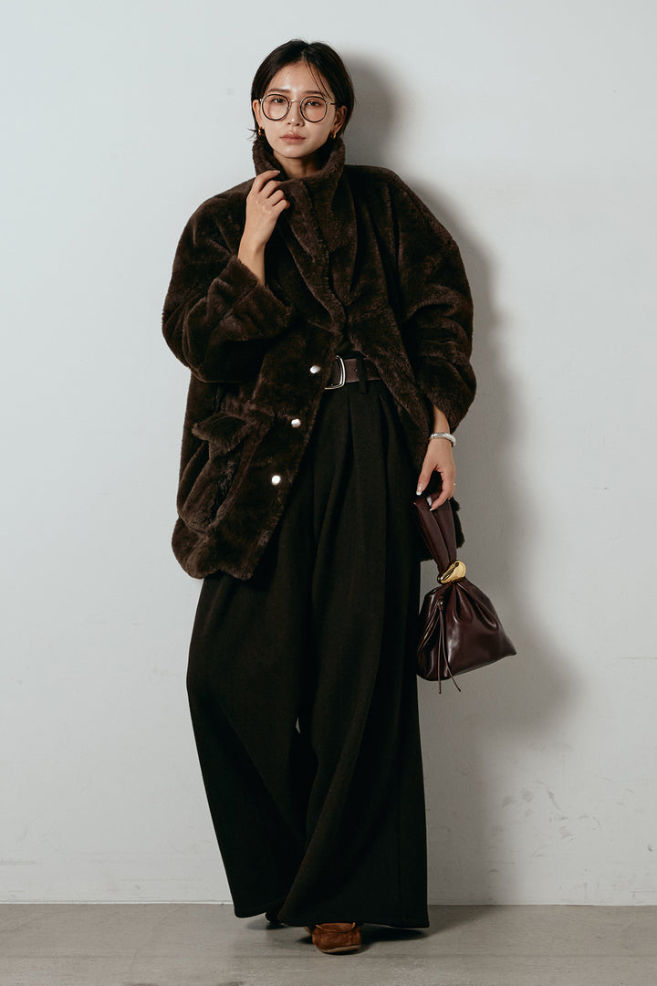 [SET]スタンドネックファーコート+フェイクレザー太ベルト付きタックワイドパンツ(2set)
